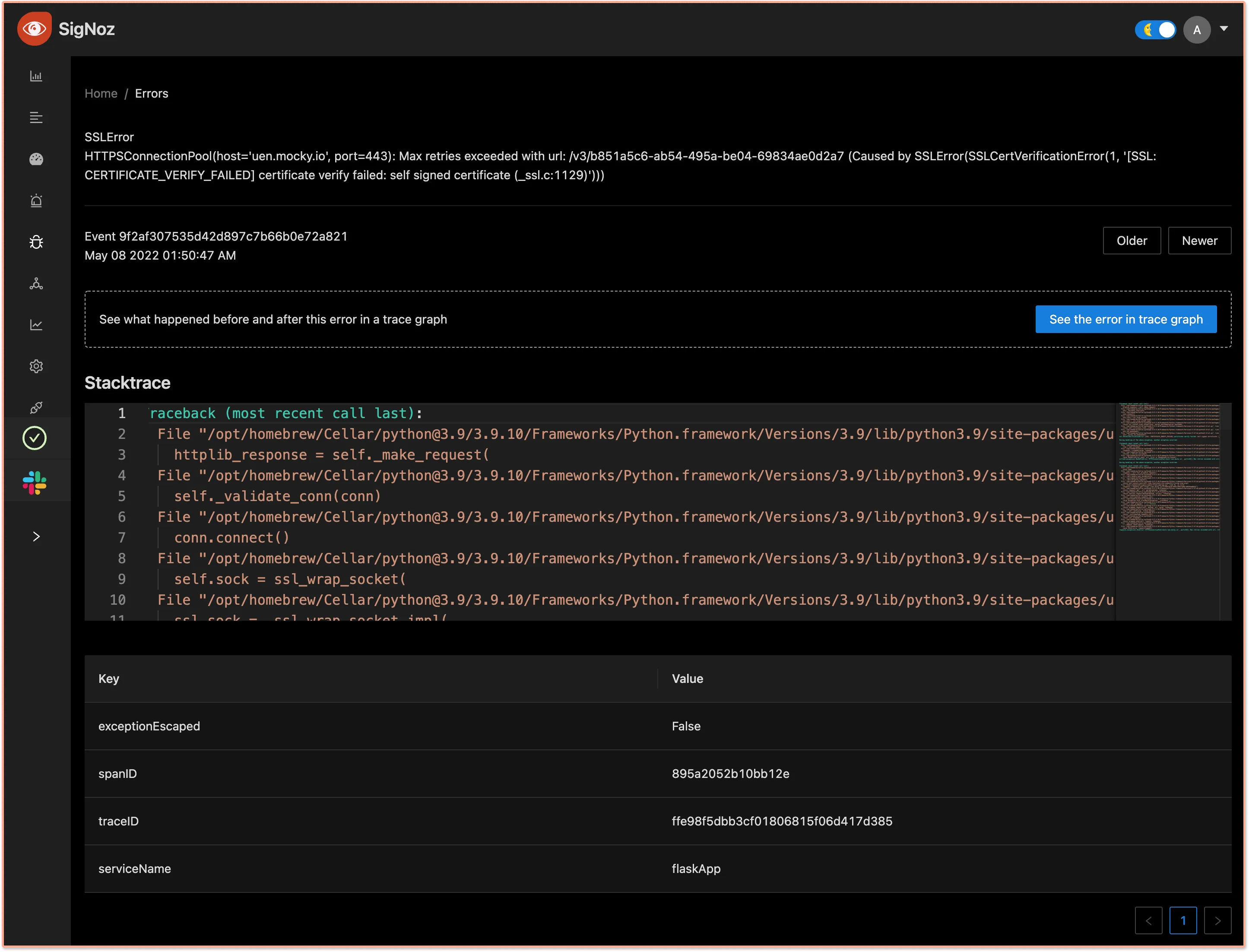 Stacktrace on exceptions caught