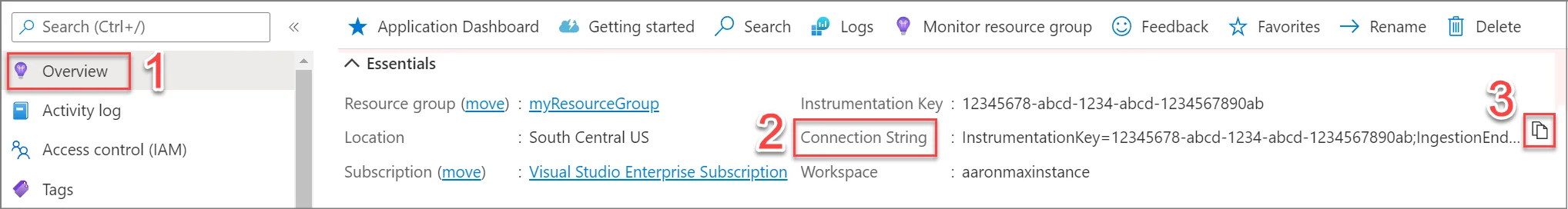 Application Insights resource - Connection String (credits - Microsoft Azure)