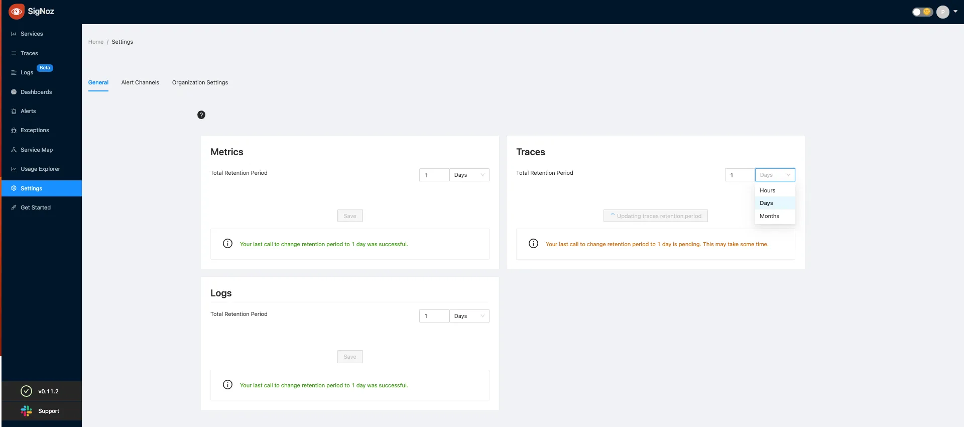 Set Retention period of metrics traces